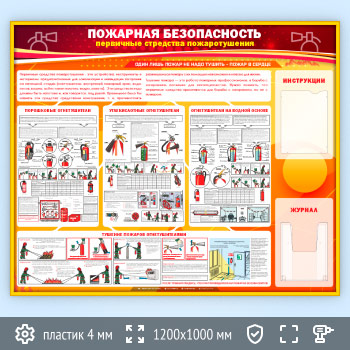 Стенд «Пожарная безопасность. Первичные средства пожаротушения» с плоским и объемным карманами (PB-04-GOLD)